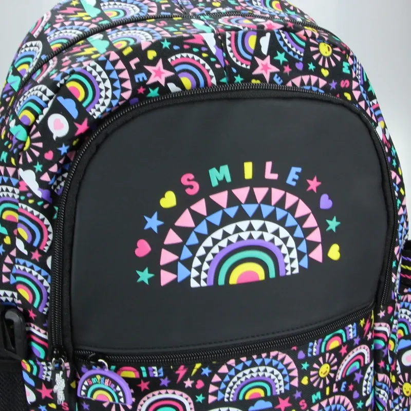 Girls Rainbow Print School Backpack - Lightweight Book Bag For Elementary, Reflective Stripes, Two Sizes