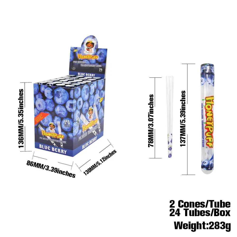 2021 New Design Honeypuff Fruit Flavor Blue Berry Transparent Cone Air Pipe 78mm filter One Box 24 Tube Each Tube 2 Cones