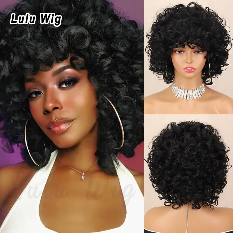 Wigs Short Curly Wigs for Black Women Soft Black Big Curly Wig with Bangs Afro Kinky Curls Heat Resistant Natural Synthetic Wig