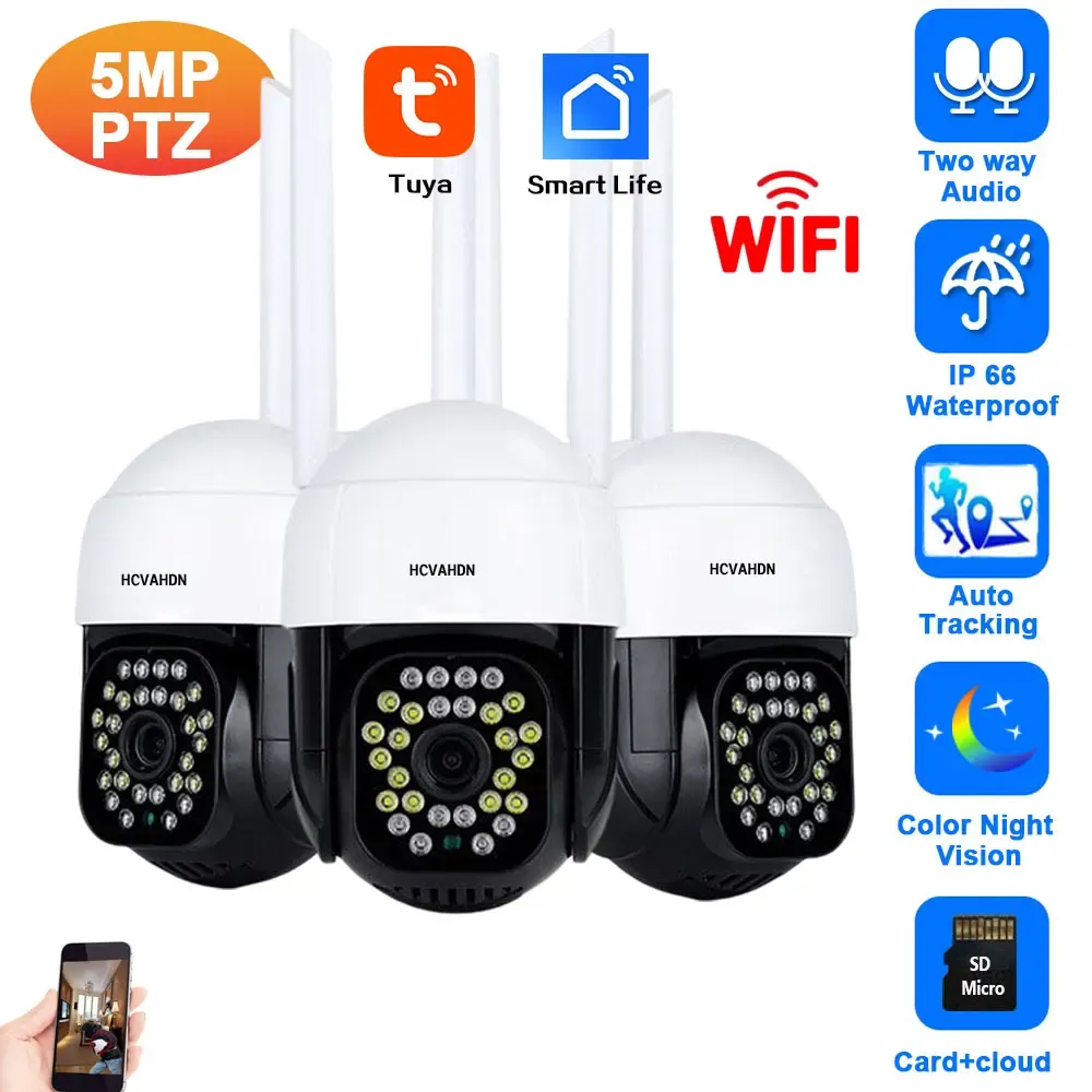 Lens Tuya 5MP WiFi PTZ -Überwachungskamera Outdoor Full Color Nacht Vision Wireless CCTV Videoüberwachung Kamera Smart Life 2 Wege Audio