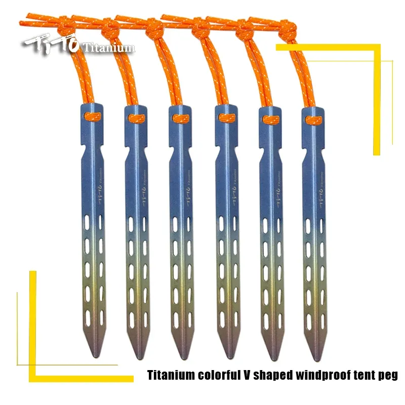 Shelter Tito Titanium Tenda Stake 6pcs/lotti colorati a forma di V un chiodo da campeggio esterno a forma di esterno con corda adatta a terra morbida