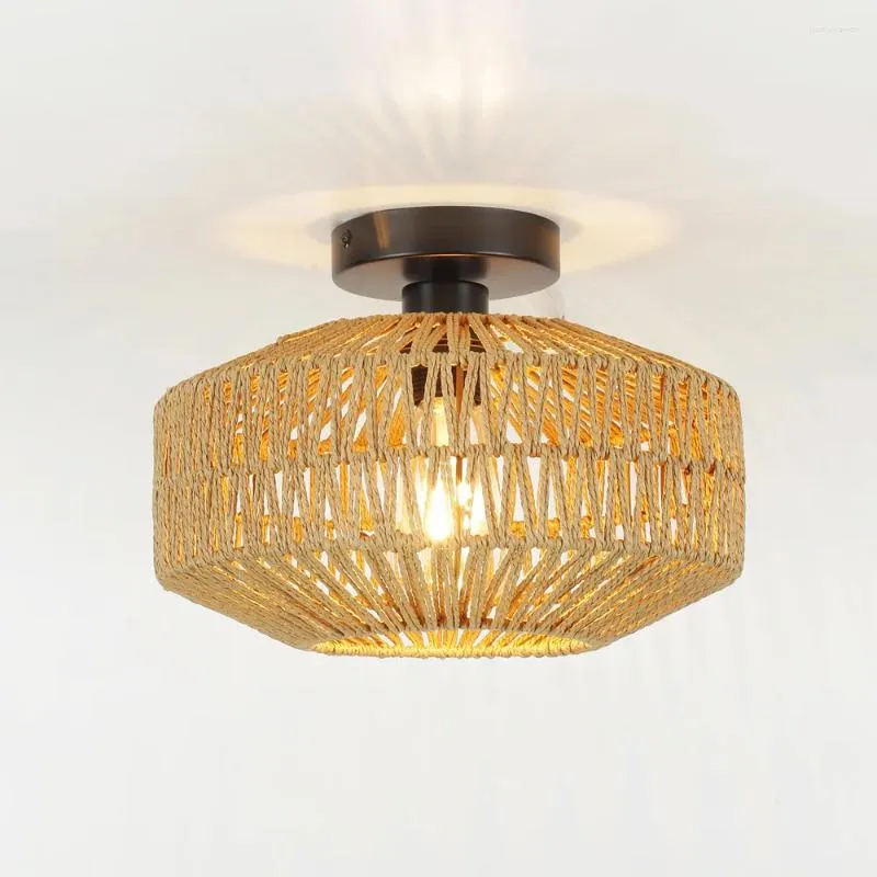 Luzes de teto American Style Retro Rattan Tecla luminária com uma única cabeça no quarto de corredor de vento tranquilo