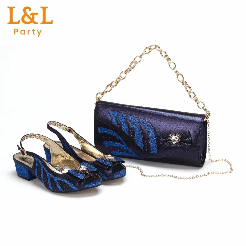 Dress Shoes Navy Blue Butterfly Desig Women Comfortable Heels Sandal Matching Handbag Set For Mature Ladies Wedding Party
