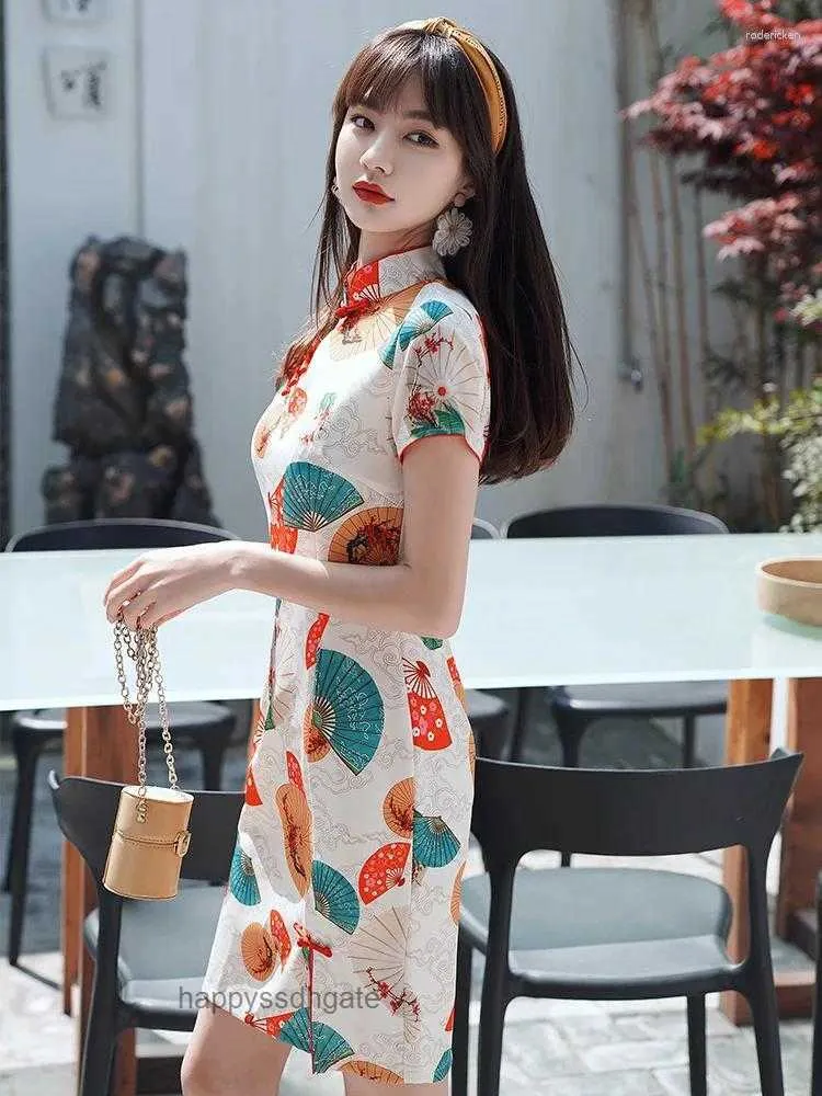 Ethnic Clothing 2023 Fan Printed Cheongsam Improved Version Dress Chinese Style French Young Girl Qipao Costume