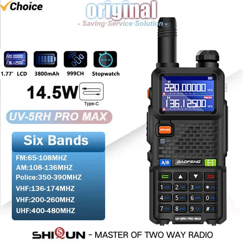 UV5RH Pro Max Baofeng Walkie Talkie 3800mAh Battery USBC 145W Six Bands Wirless Copy Frequency 999 CH Ham Radio Update 240326