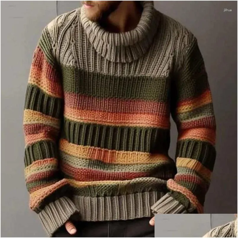 Herrtröjor långärmad mode turtleneck män höst vintage randig jacquard stickad topps tröja avslappnad lös stickad plover drop de dhntc