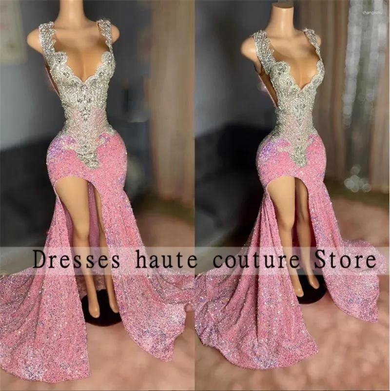 Robes de fête robe à paillettes rose sexy Black Girl Prom 2024 Luxury Luxury Silver Sthingestones Crystal Weding Side Slit Soirée