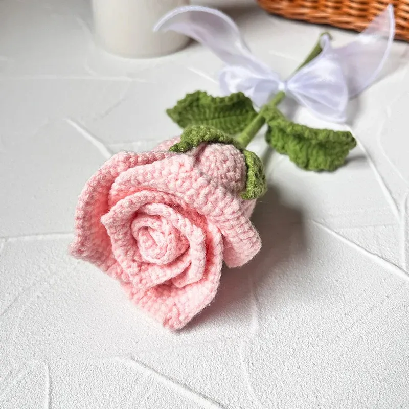 Rose Artificielle Tricotée à La Main - Fleur En Laine Rouge, 40 Cm De Hauteur, Cadeau Romantique Durable