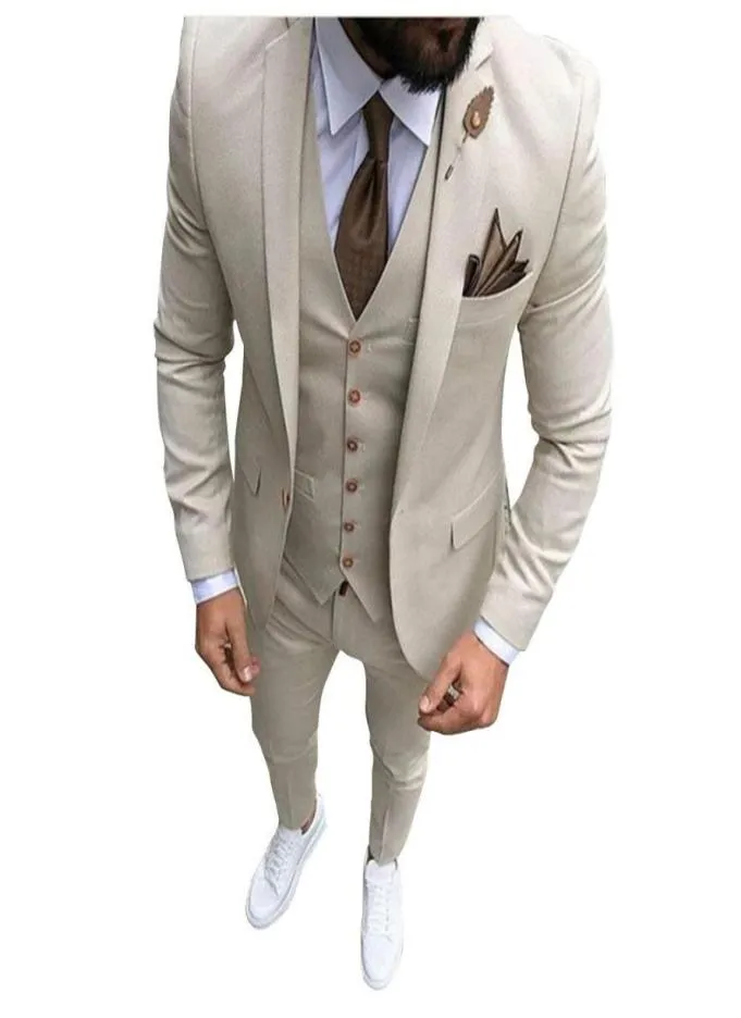Mannen Beige Tan Ivoor 3 Stuks Tailored Wedding Notch Revers Smoking Bruidsjonkers Mannen Slim Fit Blazer Broek Vest Suit1361241