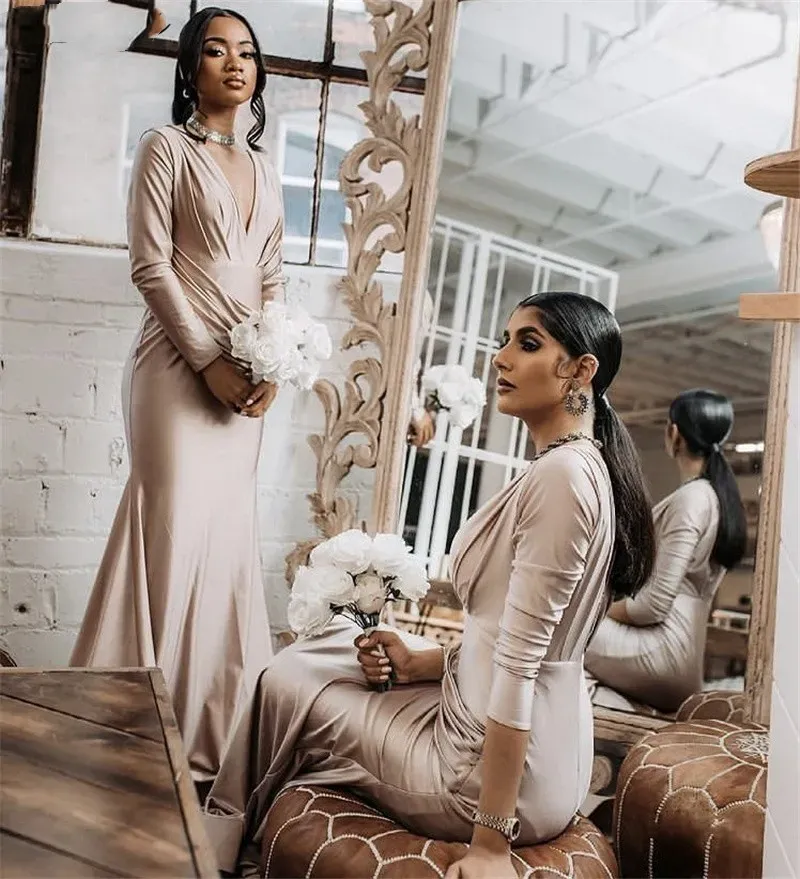 sleeves champagne bridesmaid dresses Nude champagne Country Wedding Dresses Long sleeve V-Neck Bridal Gowns Robe  de Soriee Chic Bohemian Noivas DW236
