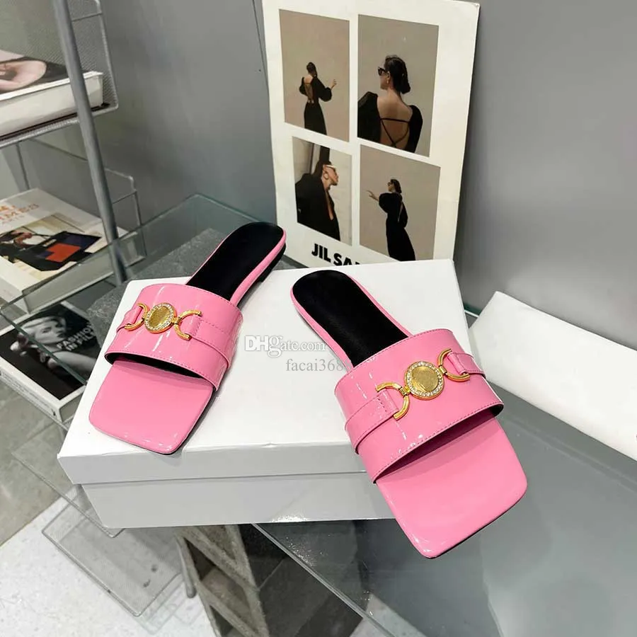 Luxuries Designer Men's Women's Slippers Leather Leather Sandals Square Head Smolide Summer Water Diamond Backle Fashion Wish Flip Flops with Box 35-43 Pink