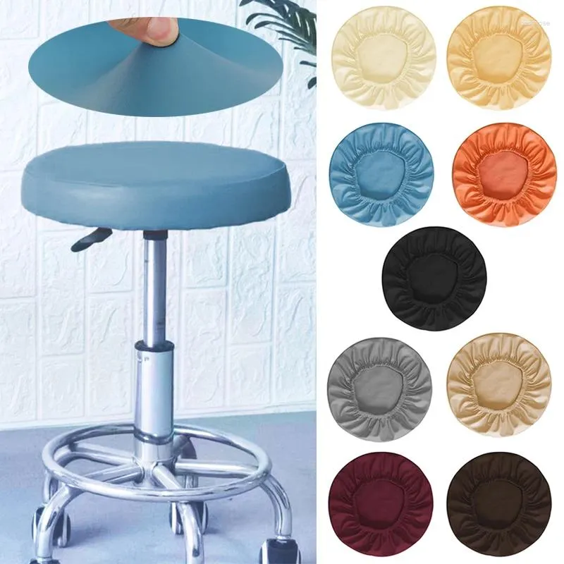 Chair Covers Solid Color Round Cover Dining Stool PU Fabric Elastic Cushion Washable Bar Seat Slipcover