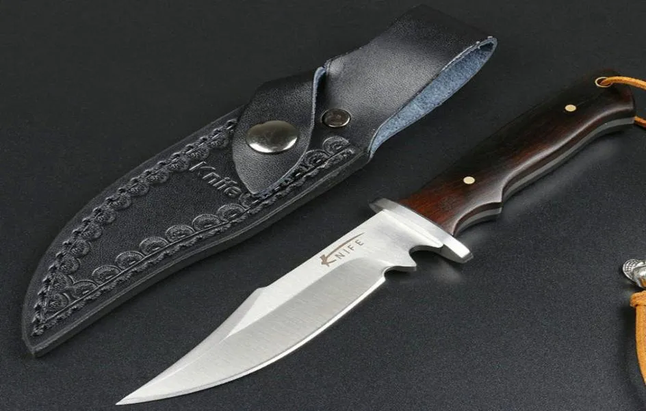 Ny ankomst Small Survival Straight Hunting Knife 440C Satin Bowie Blade Full Tang Ebony Handle Fixed Blade Knives With Leather SH3704667