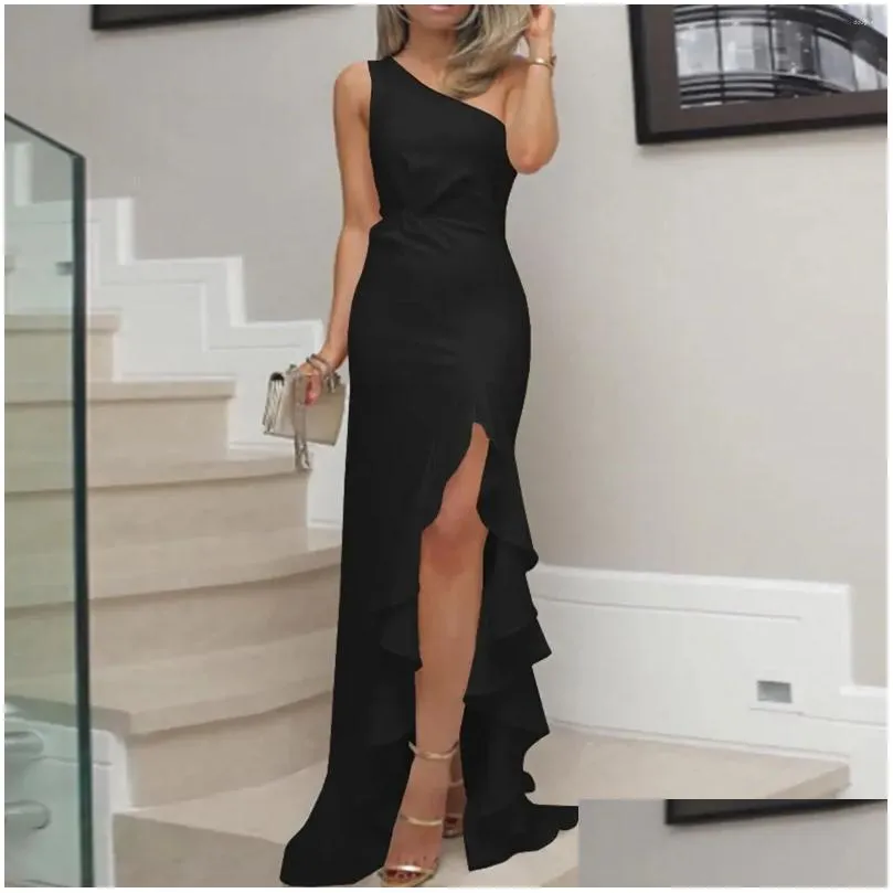 Basic Casual Dresses Womens Ruched Ruffle Formal Evening Dress One Shoder Slim Vent Solid Color Y Elegant Off Party Vestidos Drop Deli Dhbgd