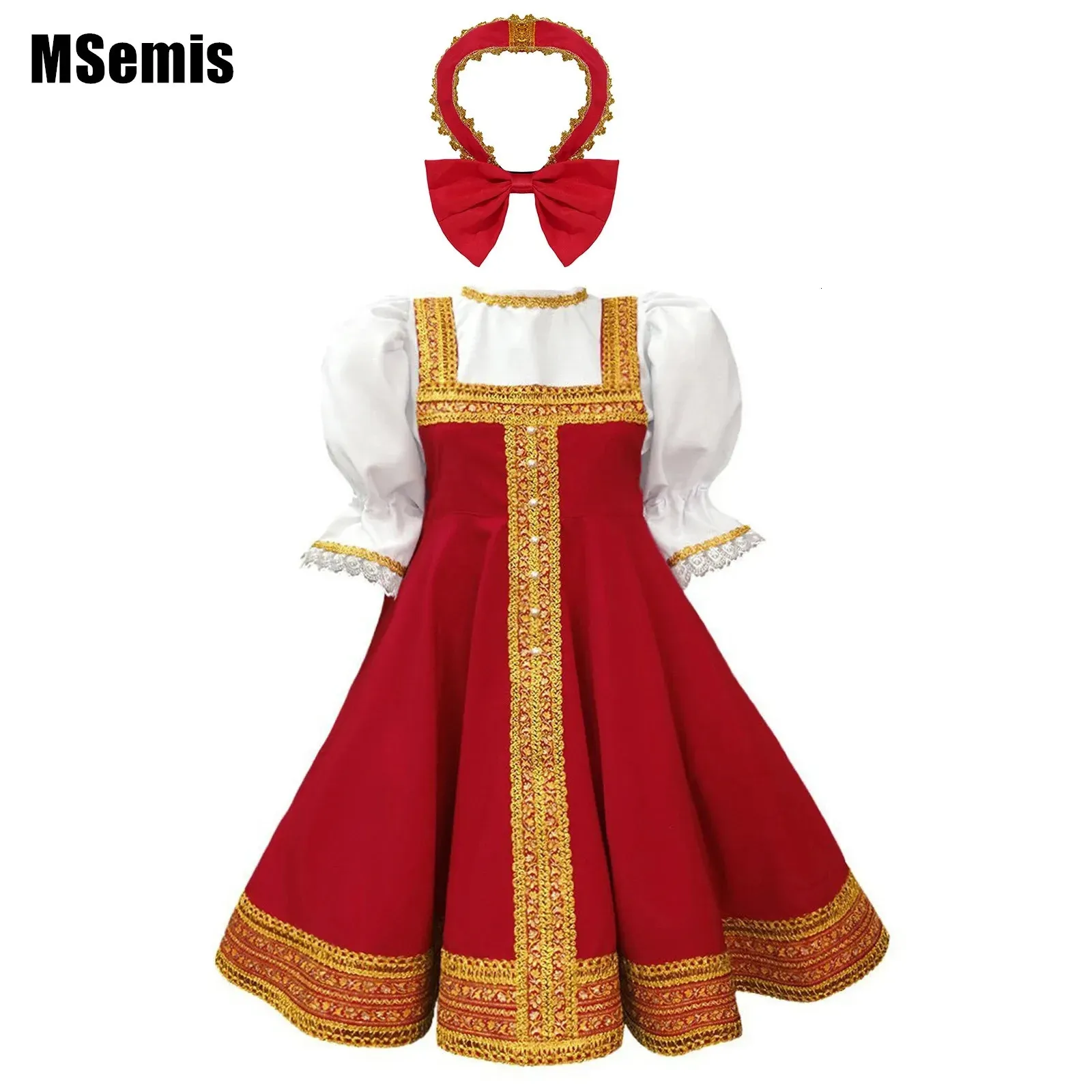 Kids Girls Russian Traditional Party Dress Red Puff Sleeve Gold Embroidery Knee Length DressHeadpiece Halloween Cosplay Costume 240403