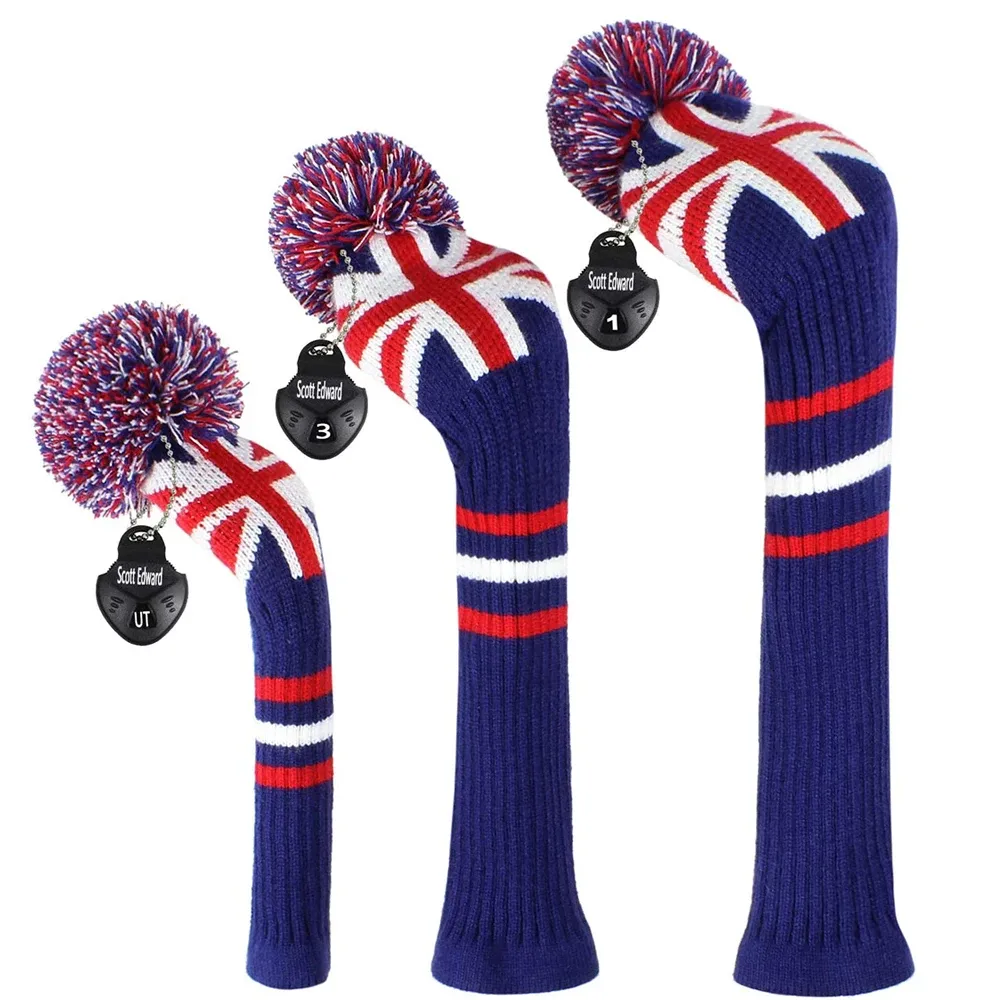 Clubs Golf Knit Wood Headcover, UK Flag Pattern Knit Golf Club Cover for Driver Fairway Hybrid, Personalized Golf Protector for Golfer