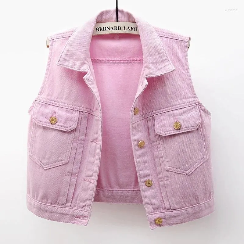 Gilet pour femmes printemps d'été Big Pocket Denim Femmes Purple Pink Waistcoat Étudiant cowboy Veste sans manches