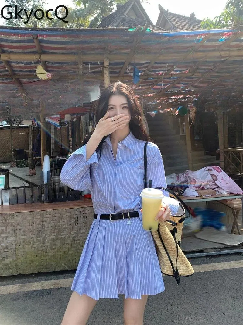 Casual Dresses 2024 Female Korean Fashion Striped Long-sleeved Blue Shirt Dress Women Summer Slim Skirt Outdoor Clothes