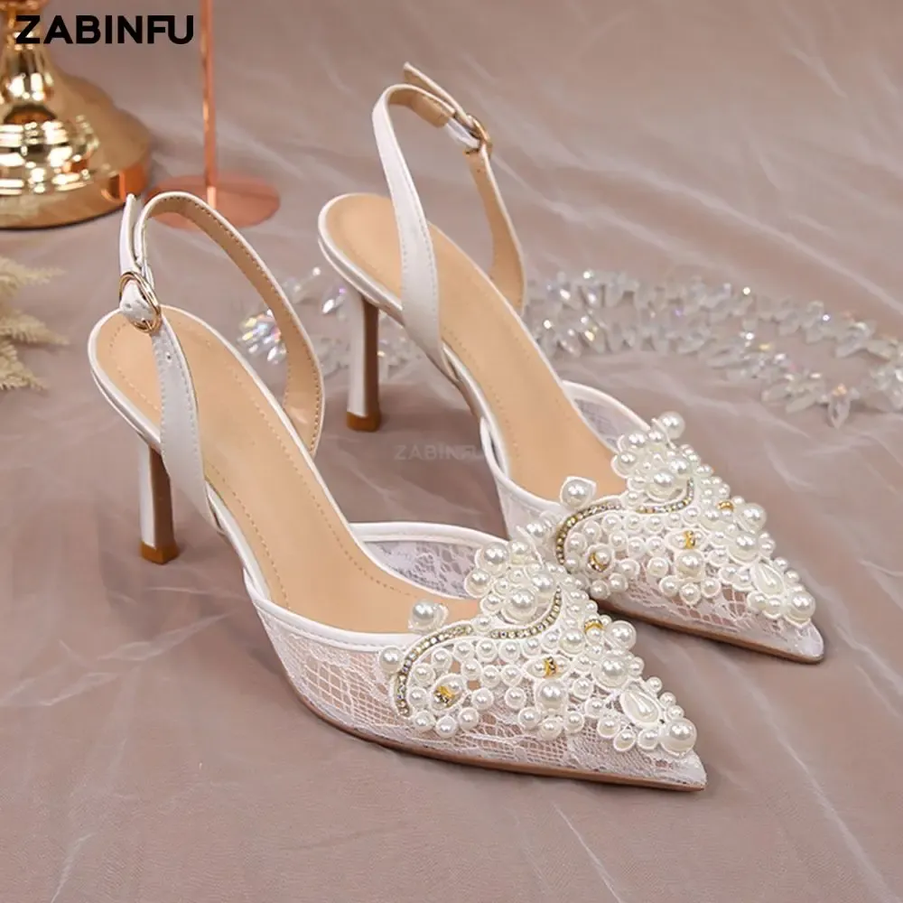 Boots Summer White Sandals 2023 Hand Made Pearl Lace Wedding Women Heels Bridal Shoes Elegant Ladies Pointed Toe High Heels