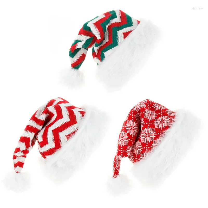 Party Decoration Christmas Hat Red Snowflake Stripes Adult Woolen Knitted Plush Big Ball Striped For Holiday Decor