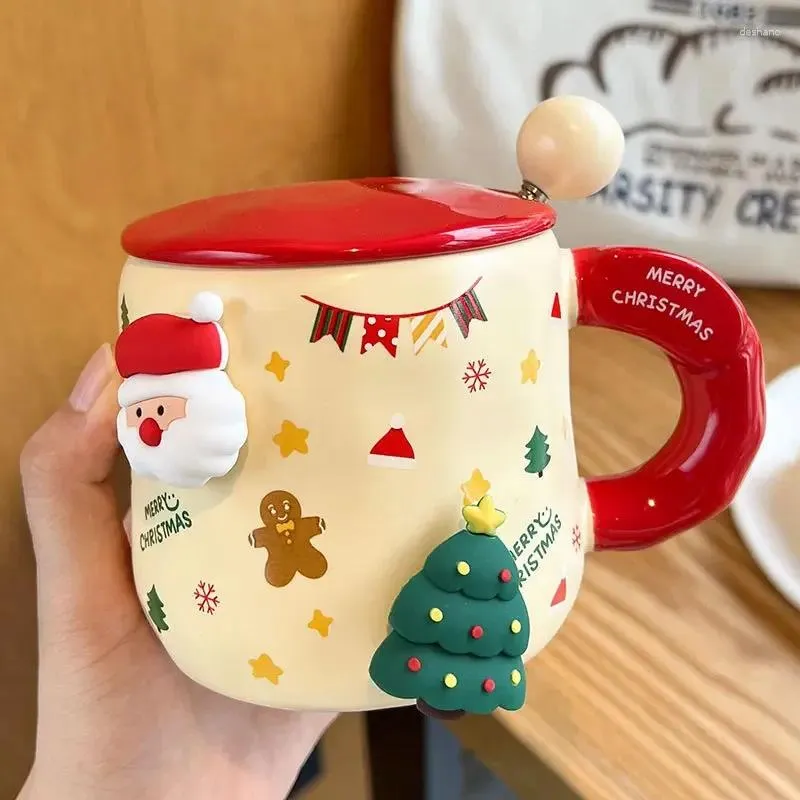 Mugs 400ml Ceramic Christmas Mug Cartoon Santa Cup Coffee Gift With Lid Home Kitchen Drinkware Xmas