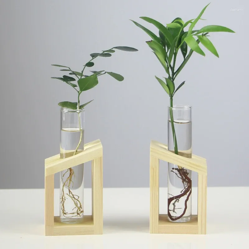 Vases Fashion Desktop Testing Tube en verre transparent Vase Nordic Wooden Bac Solder Hydroponic Plant Home Garden Container Decorat