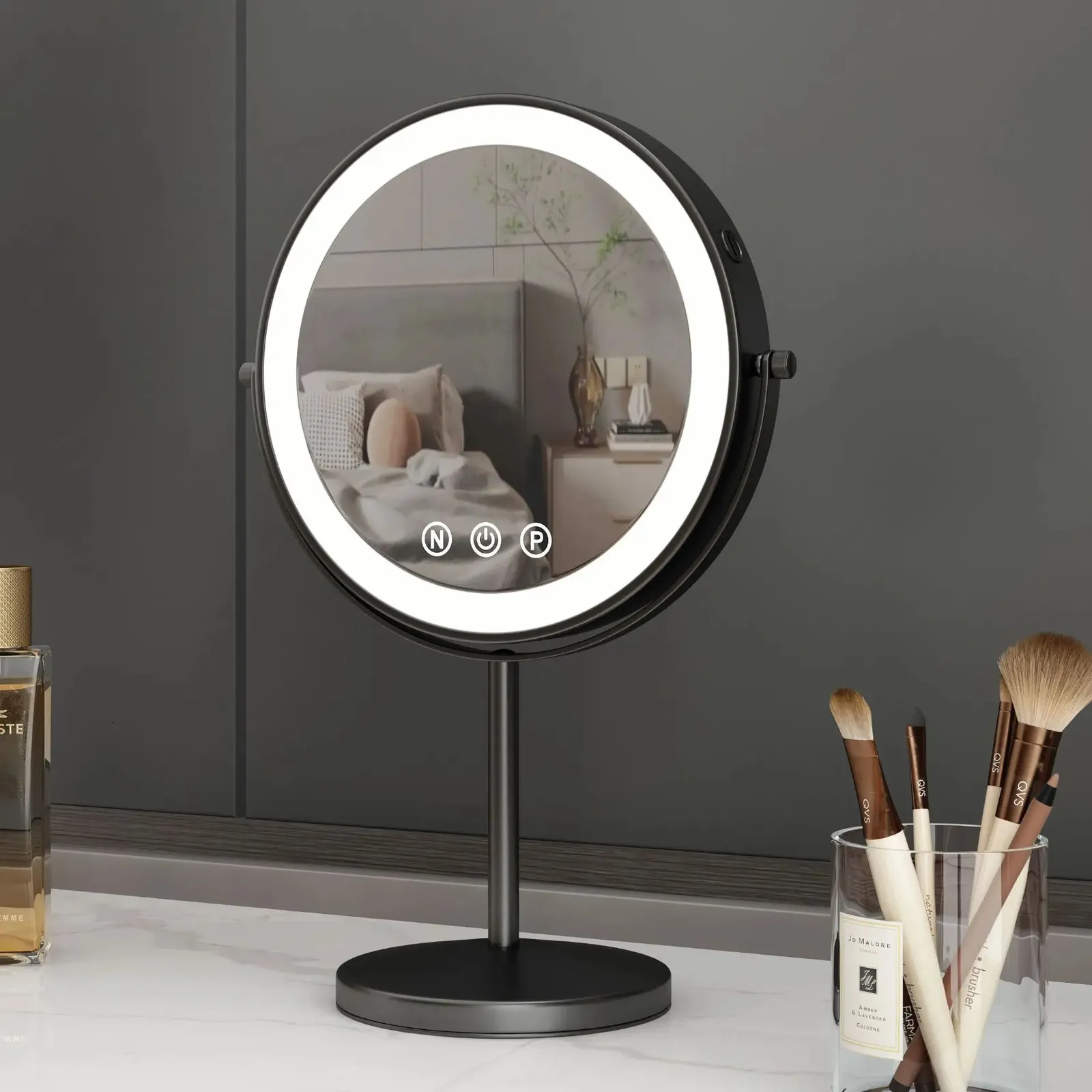 9 tum 360 grader sovrum eller badrum bordslyftning makeup spegel 3x förstoring dubbel spegel med LED -ljus kosmetisk spegel 240326