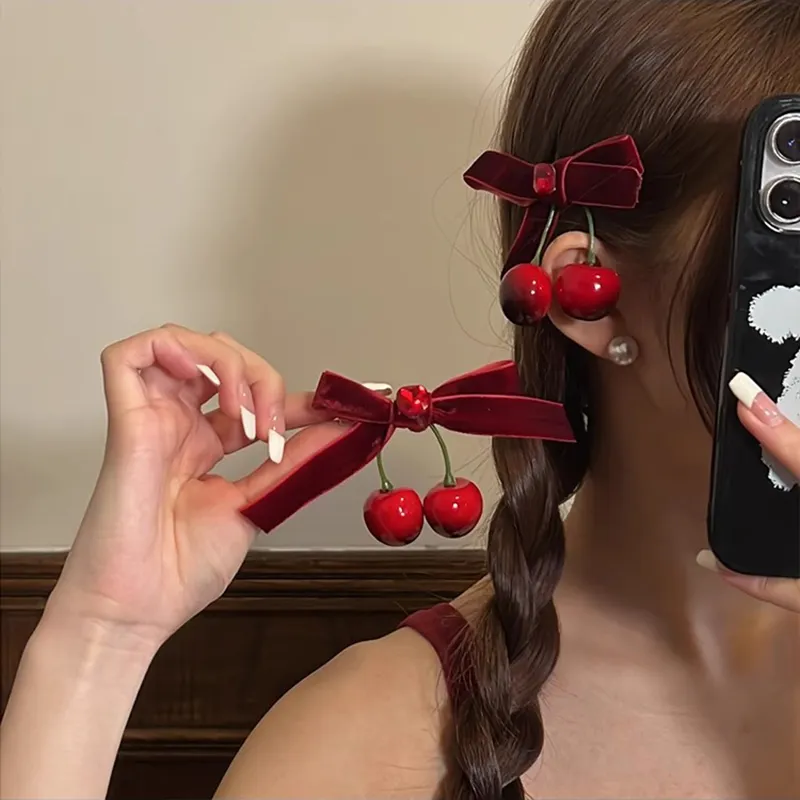 Girls Elastic Hair Bands Ponytail Holder with Red Cherry  display picture 3