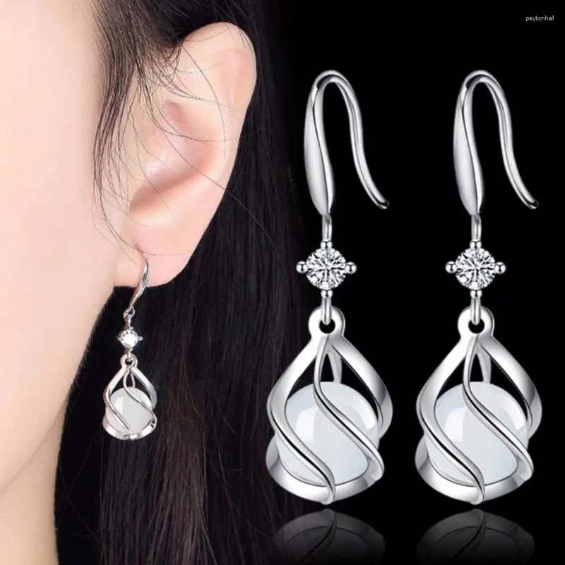 Boucles d'oreilles pendantes rondes en opale blanche pour femmes et filles, bijoux tendance en argent Sterling 925