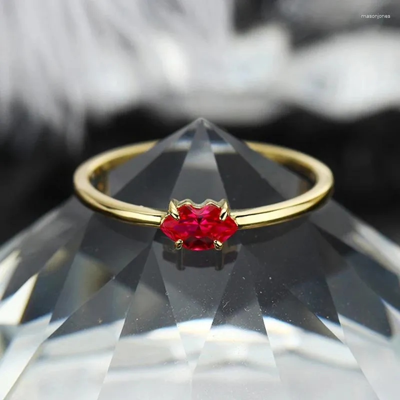 Cluster Rings Original Design S925 Silver Ruby Red Lip Shape Gold-plated Ring Opening To Attend The Banquet Wedding Luxury Jewelry