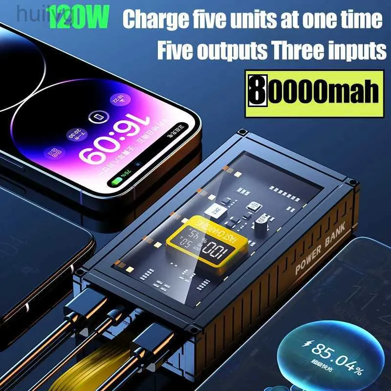 Bancos de energia do telefone celular Novo popular Douyin Anchor Transparent Mecha Display Digital Charging Container Power Bank 80000mAh Fonte de alimentação móvel 2443