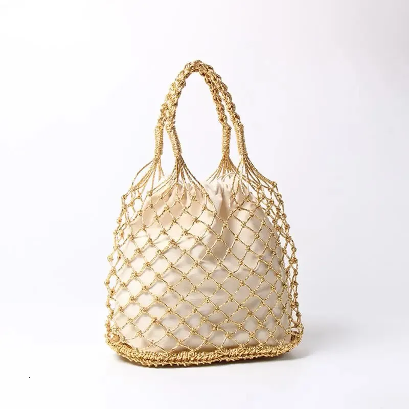 Gold silver 2 color bright paper ropes hollow woven handbag cotton lining straw bag female Reticulate handbag netted beach bag 240329
