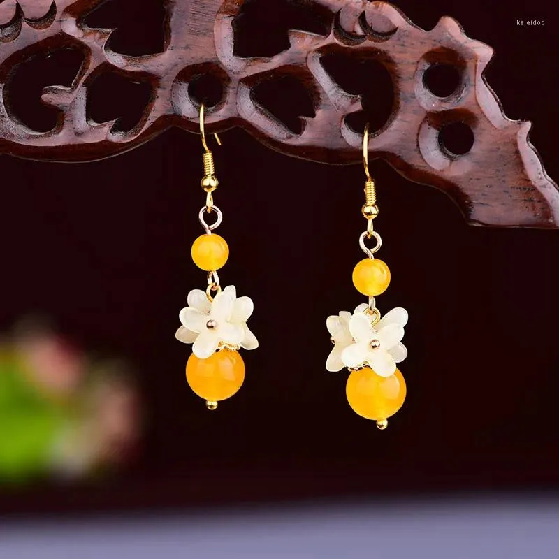 Kolczyki Dangle Yellow Chalcedony Stone for Women Akcesoria Party Wedding Holiday Jewelry Flower Farming 0239