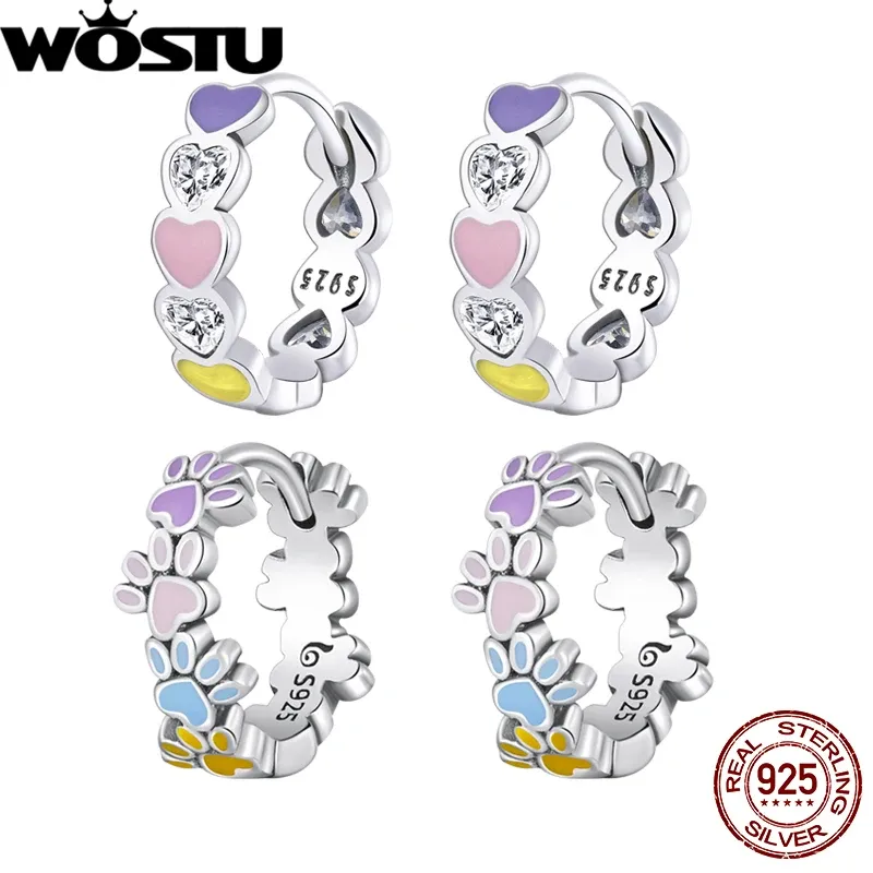 Earrings WOSTU 925 Sterling Silver Women Multicolor Cute Paws Enamel Zircon Heart Hoop Earrings Rainbow Fine Jewelry Gift for Girl FNE580