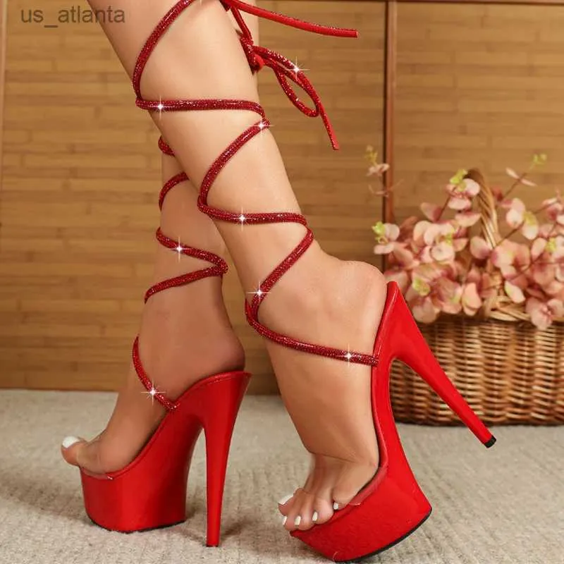 Dress Shoes Liyke Sexy Red Crystal Rhinestone Ankle Strap Women Transparent Platform Sandals Summer Super High Heels Wedding Banquet H240403