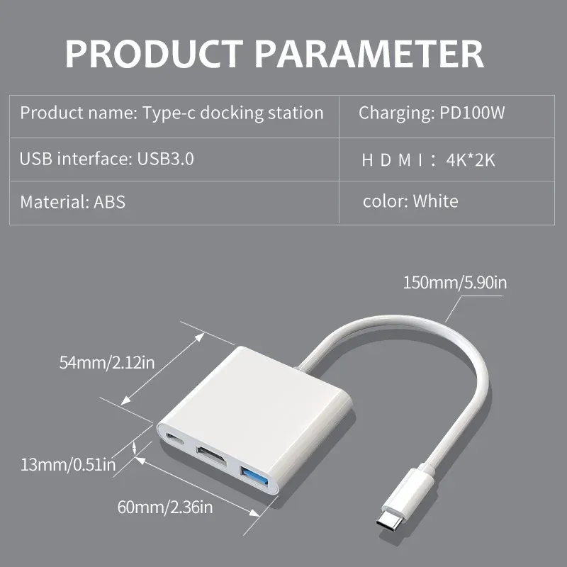 USB C to HDMI Multiport Adapter 3-in-1 Type-C Hub with Thunderbolt 3 4K ...