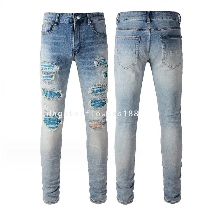 Herr jeans 2024 blå diamant jeans rippade high street trend lappar stretch vintage jeans mode jeans män mode jeans kvinnor fjäder jeans kvinnliga flare jeans