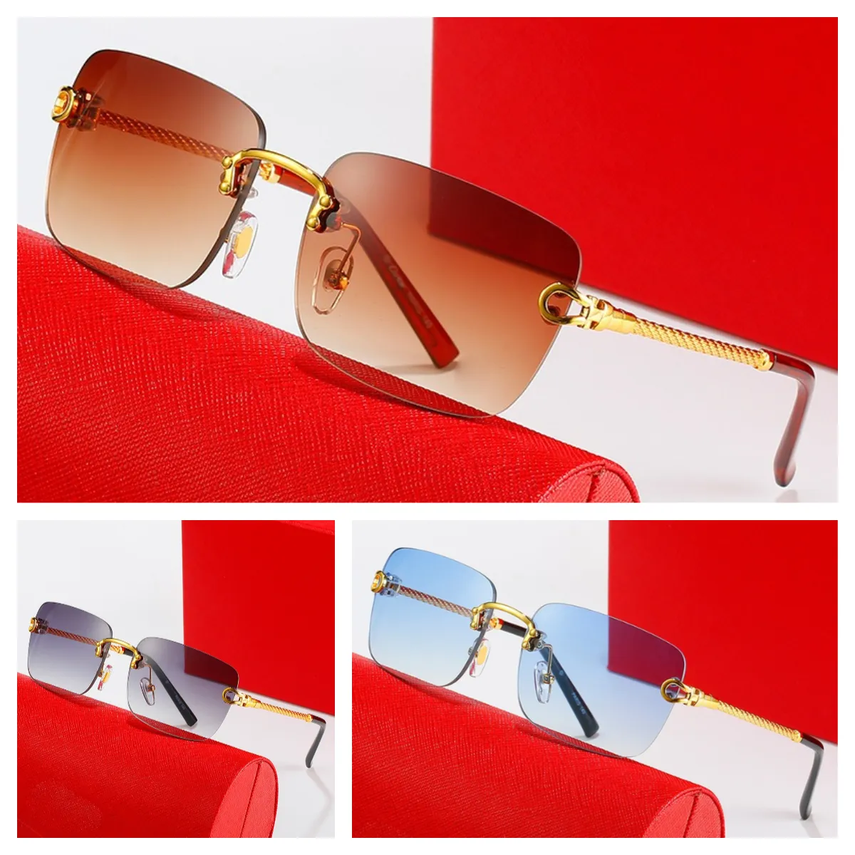 Caddis Solglasögon Kvinna Glasögon Klassisk hästsko Buckle Composite Metal Rimless Optical Fram Rectangle Gold Gelglas Luxury Mens Sunshade Solglas med låda