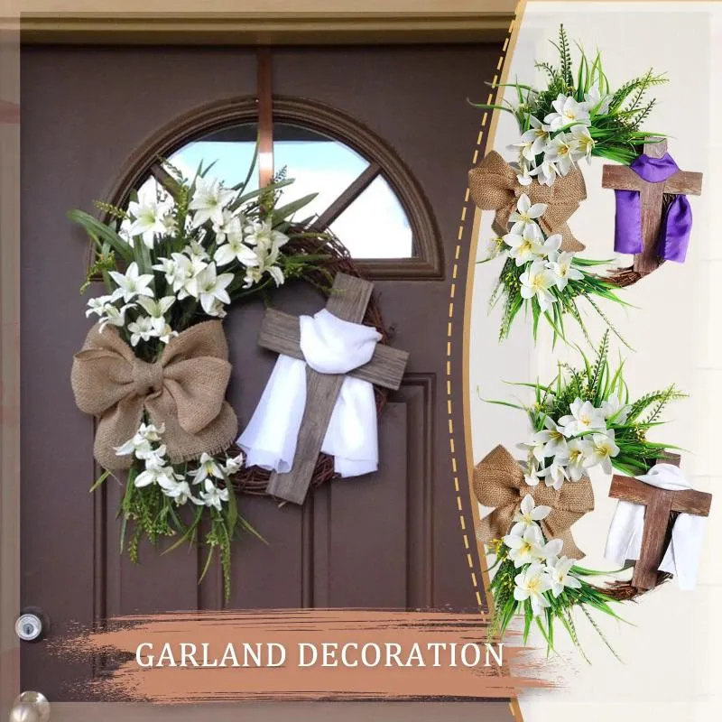 Decorative Flowers Easter Wreath With Cross Rustic Grapevine Bow Decorations Decor