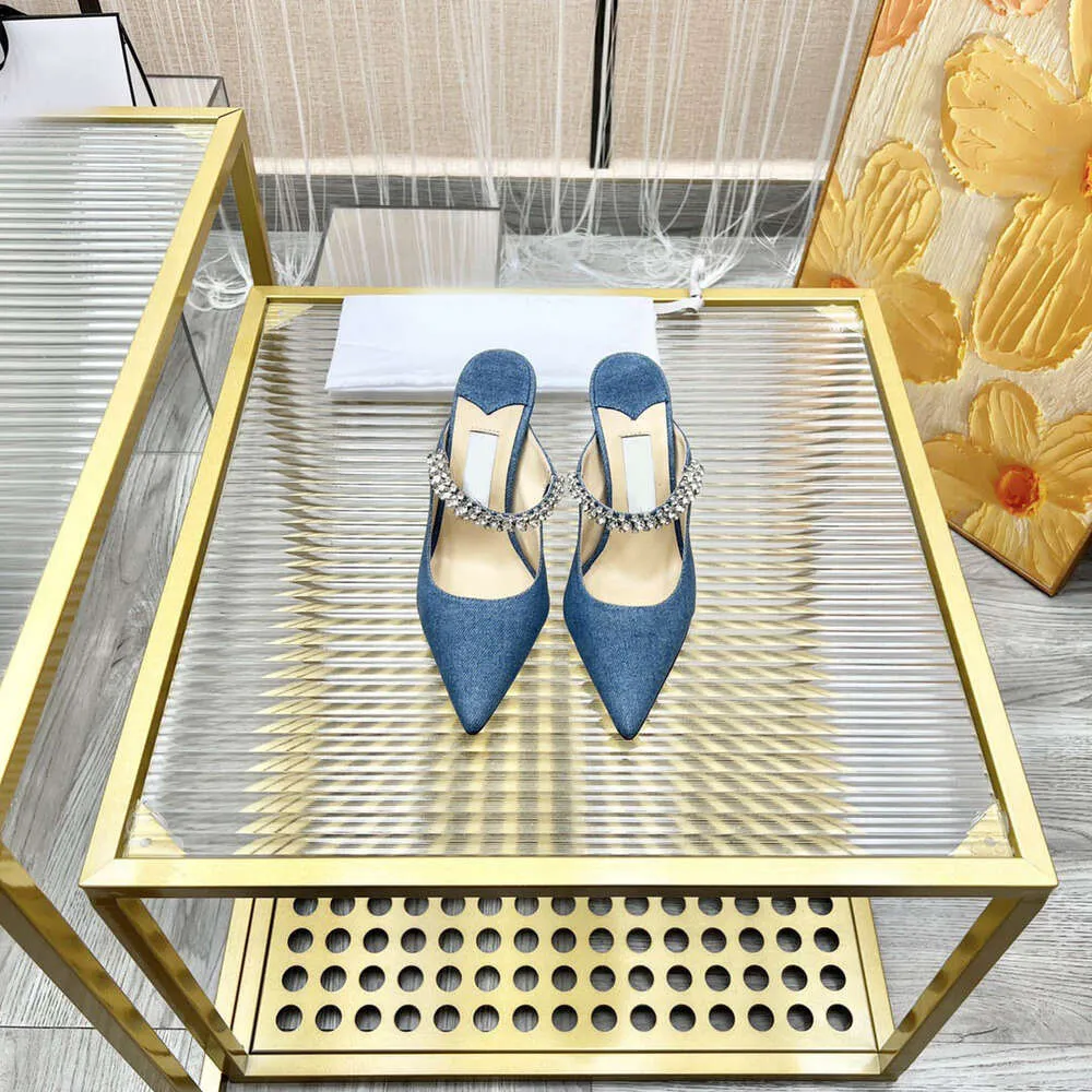 Baotou Spring/Summer New Water Diamond Slippers Heels, Eleganta Muller Shoes, Back Air Thin Pointed High Heel Sandals
