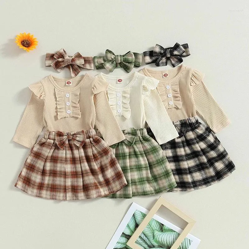 Roupas conjuntos de roupas infantil menina outono conjunto de cor sólida com manga longa de manga comprida A-line Skirt Bow Board Band fita