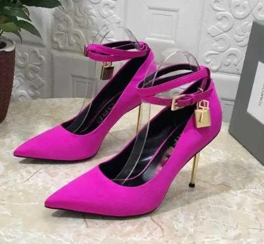 padlock charms Ankle strap pumps shoes Fuchsia satin silk high-heeled stiletto pointed toes heels dress shoe for Women Luxury Designers factory footwear