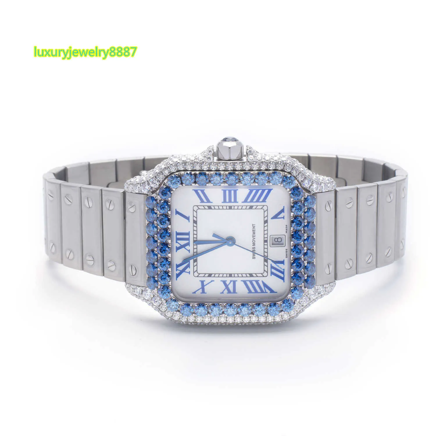 Lyxanpassad isad VVS 1 / VS1 GRA -certifierad svar Studdad Moissanite Diamond Bezel / Band Watch med läder