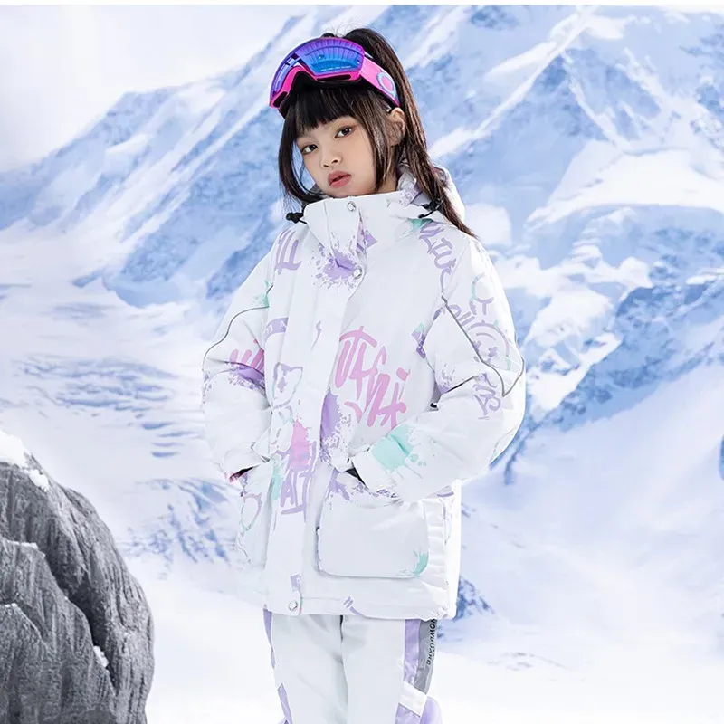 정장 소녀 화려한 스키 의상 어린이 겨울 따뜻한 스키 옷 고급 방수 방 방수 통기성 재킷 또는 아이들을위한 바지