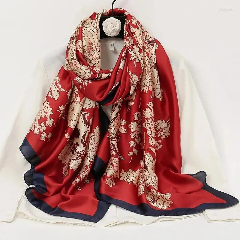 Halsdukar blommor tryckt imitation silkesatin halsduk elegent solskyddsmedel sjal strand resor huvud wrap kvinnor utomhus vindtät hijab180 90 cm