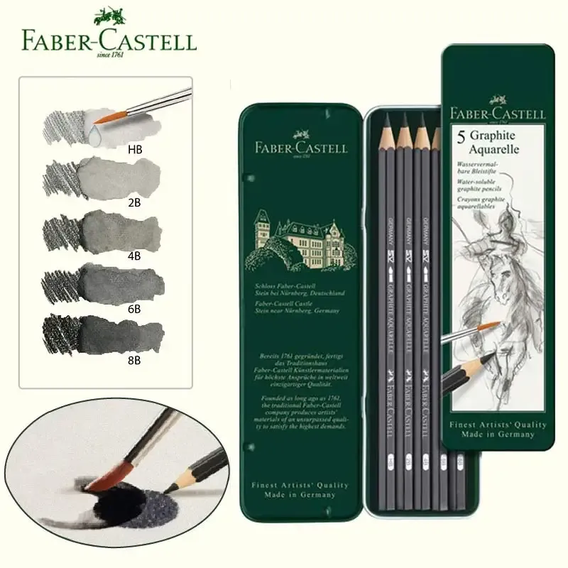 Pennor Faber Castel Water Löslig blyertspenna Grafit Aquarelle Watercolor Crayons Pencils Sketches Trackings Kit Of Tin Box HB 2B 4B 8B