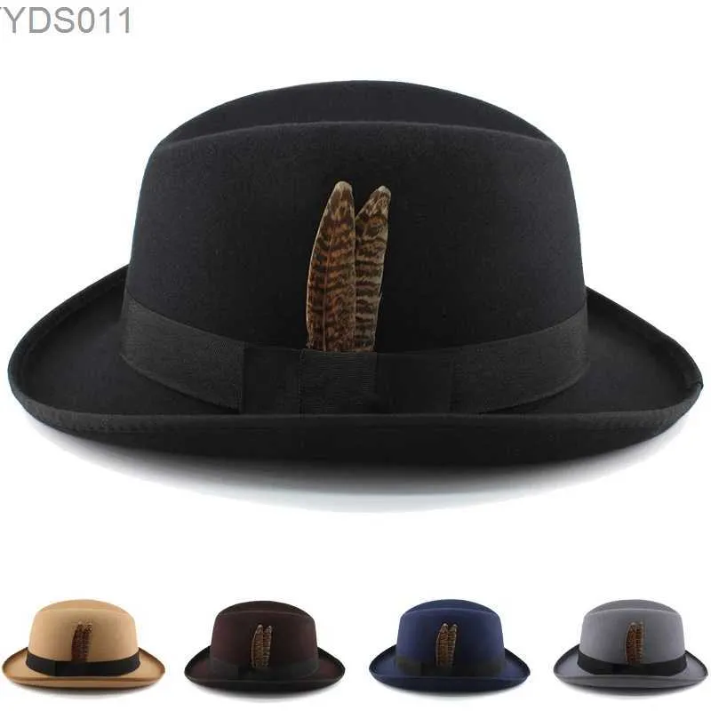 Wide Brim Hats Bucket Mens wool blend classic vintage Homburg hat feather band Fedora Trilby Sunhat jazz winter warm adjustable size M-L yq240403