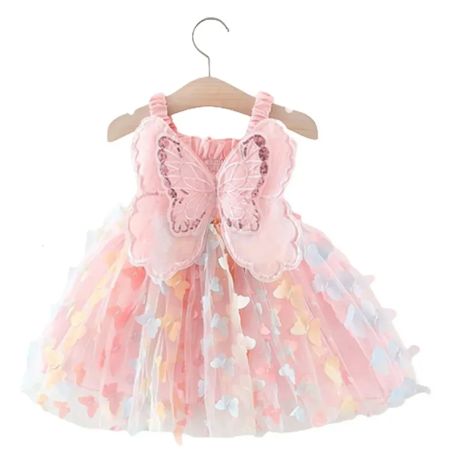 Summer Kids Girls Dress Dress Dress Sfule Dulle Abite Flower Butterfly Fashion Sospeso per Feste Stage Show 240403