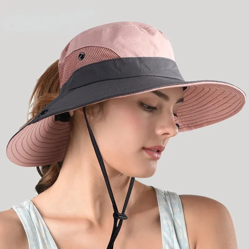 Safari Sun Hatts for Women Summer Hat Wide Brim UV UPF Protection Ponytail Outdoor Fishing Hand för Kvinna 240327