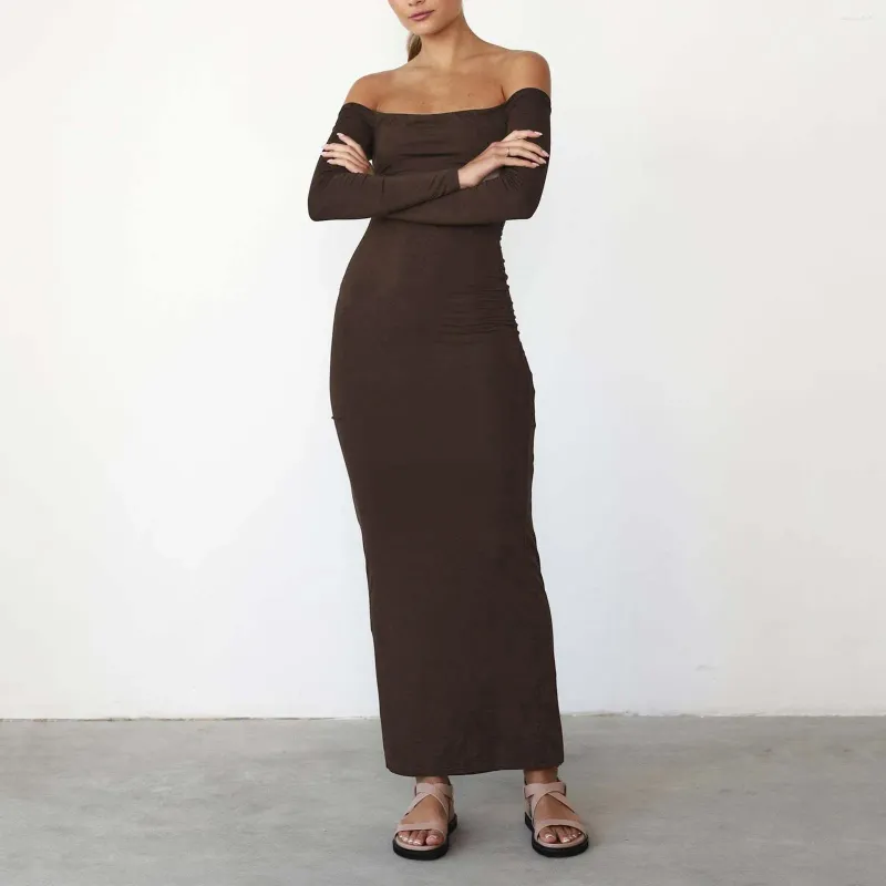 Casual Dresses Women's Sexy Off The Shuolder Bodycon Long Dress Summer Full Sleeve Solid Maxi Ladies Slim Fit Backless